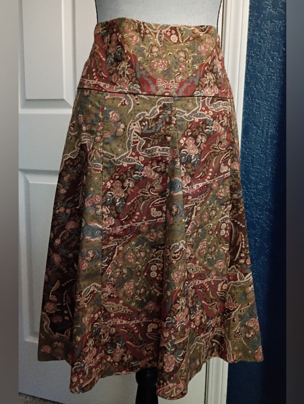 Chaps Olive and Rust Paisley A-Line Skirt
